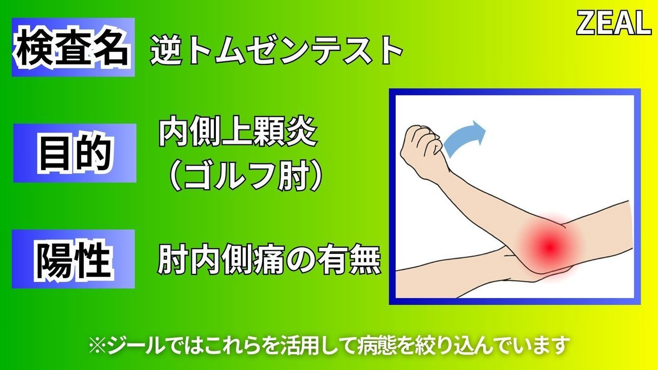 ゴルフ肘（上腕骨内側上顆炎）の検査方法逆トムゼンテスト｜玉野市ジール鍼灸整骨院
